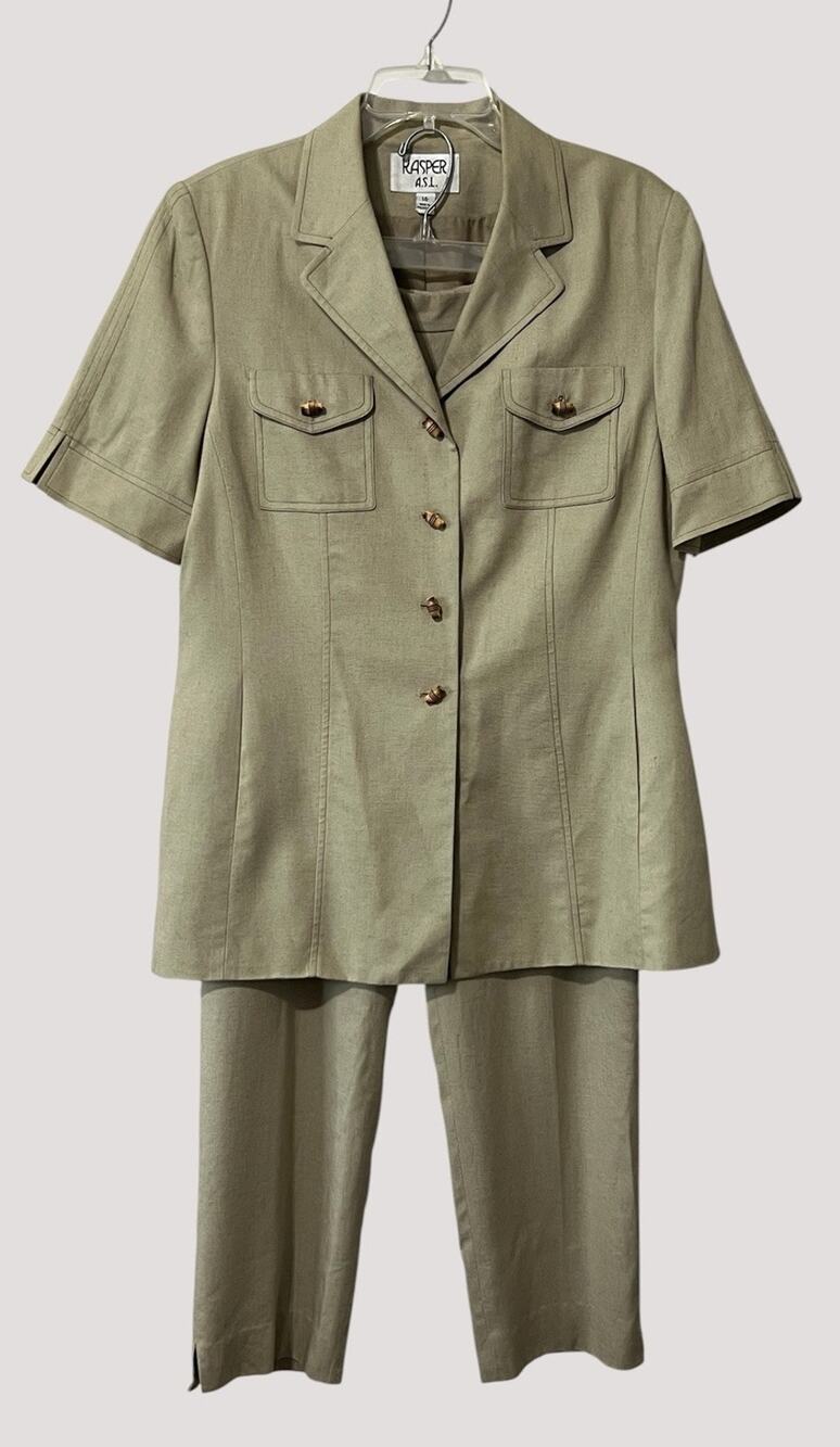 Kasper ASL Pant Suit Womens 14 Khaki Bamboo Button Linen Blend Quiet Luxury
